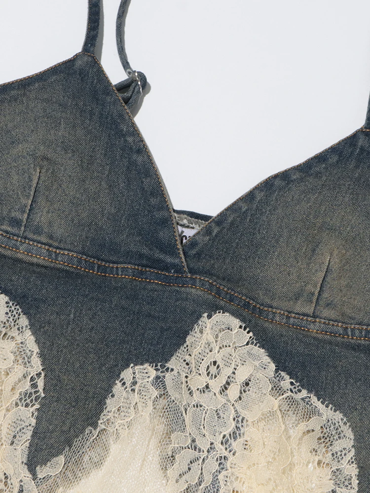 TWOTWINSTYLE-Conjunto de dos piezas de encaje de retazos para mujer, Tops sin mangas con cuello en V, pantalones sueltos de cintura alta, conjuntos de mezclilla adelgazante, nuevo