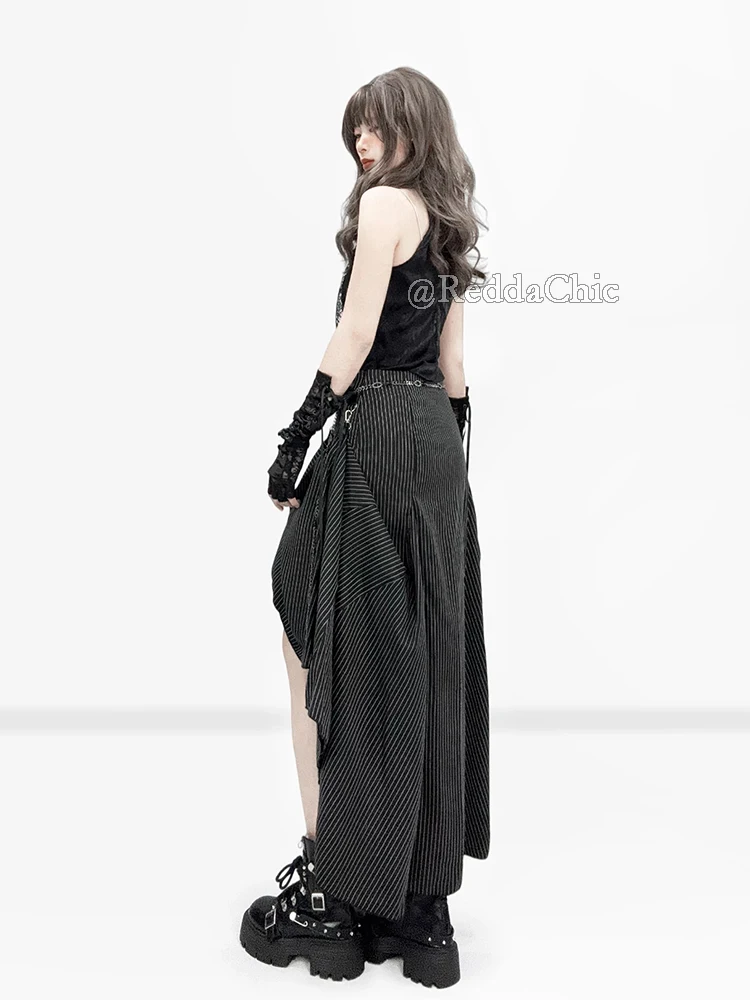 REDDACHiC Falda de Traje a Rayas Negras Estilo Grunge Retro, Falda Maxi de Cola de Pez de 3 Vías con Corte Alto-Bajo y Cola Larga, Ropa Gótica Alternativa para Mujer