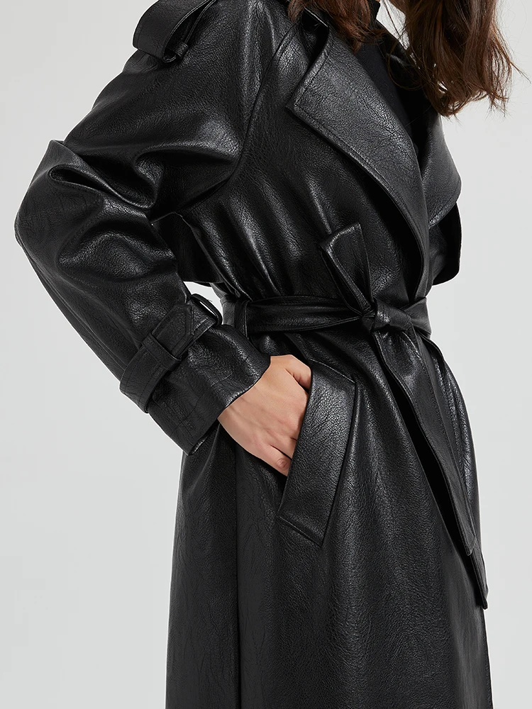 Lautaro primavera otoño Extra largo marrón Pu gabardina de cuero para mujer fajas abrigo elegante de lujo pasarela moda europea 2024
