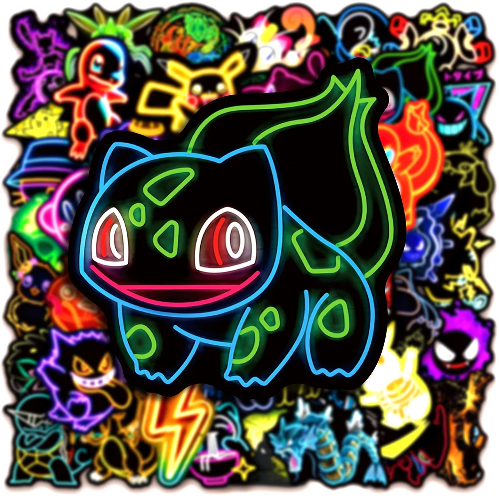 10/30/50 Uds. Cool dibujos animados luz de neón Anime Pokemon pegatinas Pikachu calcomanías de dibujos animados portátil motocicleta teléfono pegatina estética Juguetes