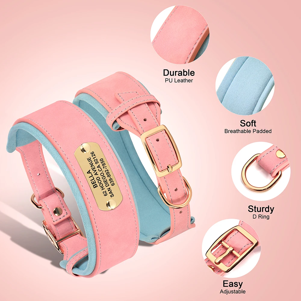 Collar de cuero personalizado para perro, collares acolchados anchos y suaves para perros medianos y grandes con placa de identificación grabada gratis, accesorios para perros