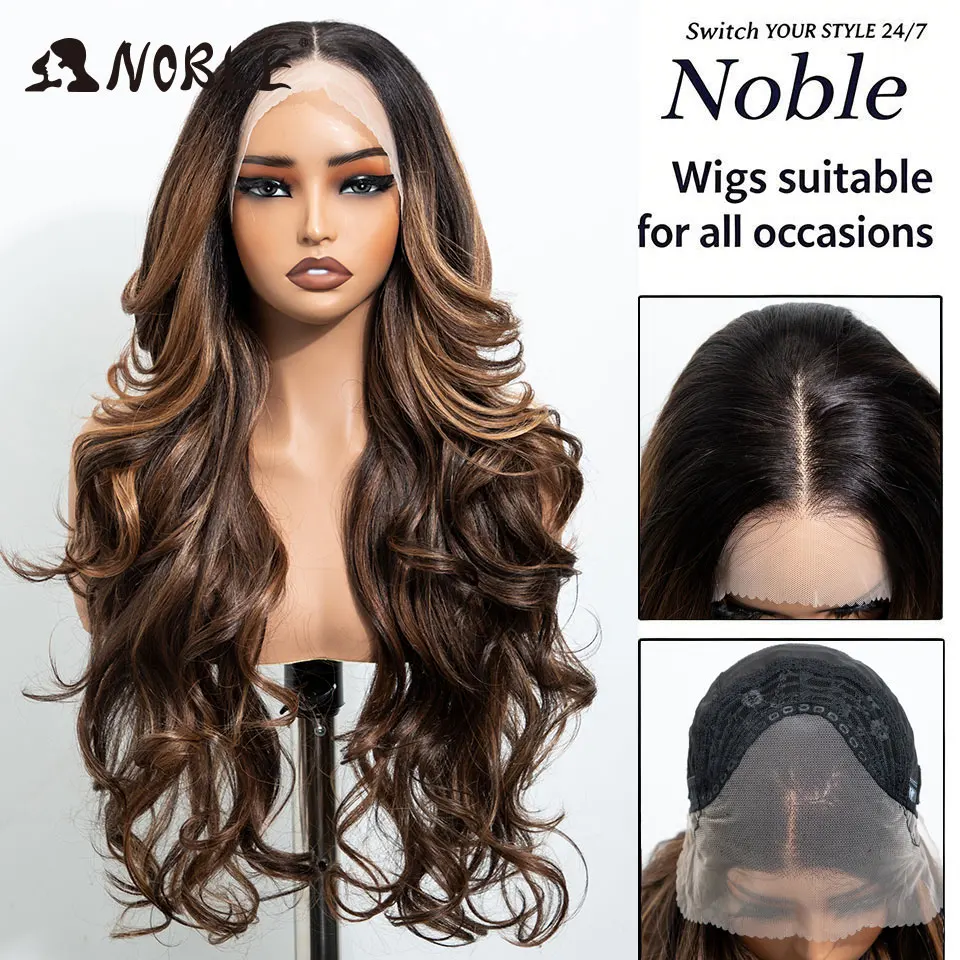 Peluca sintética de 28 pulgadas con ondas corporales, color marrón, con encaje frontal 13x4, parte media, resistente al calor, para mujeres, uso diario y fiestas.