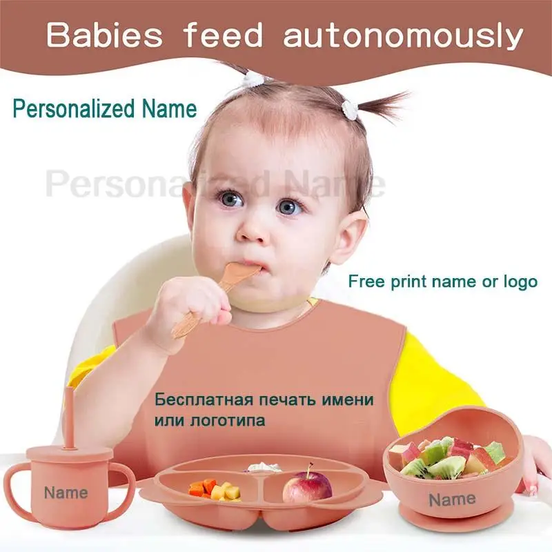 Vajilla de silicona para niños, juego de alimentación de bebé, plato de dibujos animados, nombre personalizado, taza con ventosa, plato, babero, regalo para recién nacido, 8 Uds./5 uds.