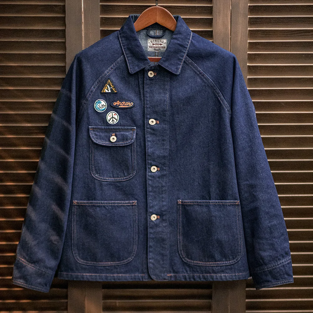 Maden Vintage insignia bordada 12,8 oz chaqueta vaquera pesada solapa lavada ropa de abrigo informal para hombres abrigo de tareas de primavera y otoño