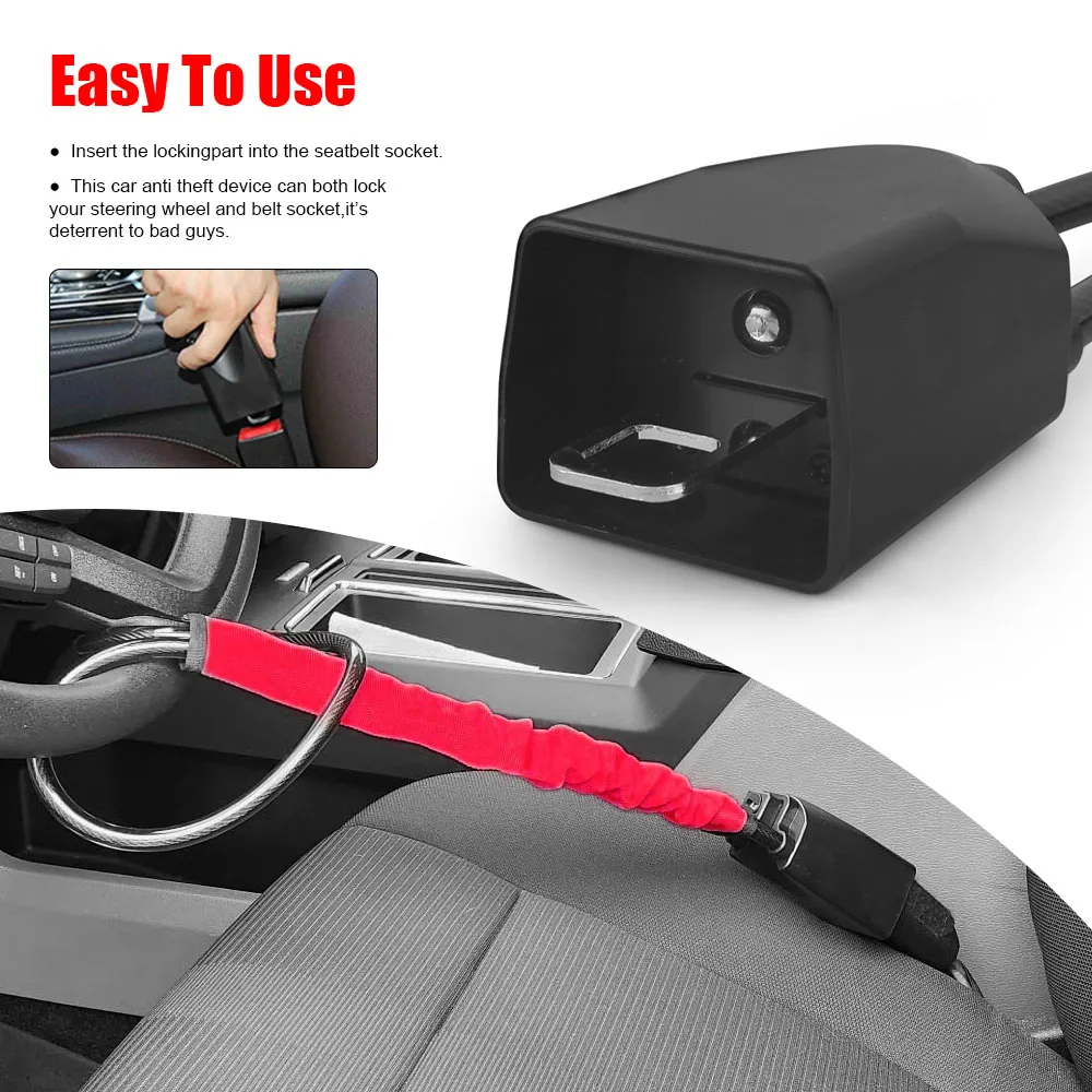 Cerradura para volante de coche con enchufe para cinturón de seguridad, cuerda de acero para camión, SUV, furgoneta, RV, con 3 llaves, dispositivo de protección antirrobo Universal