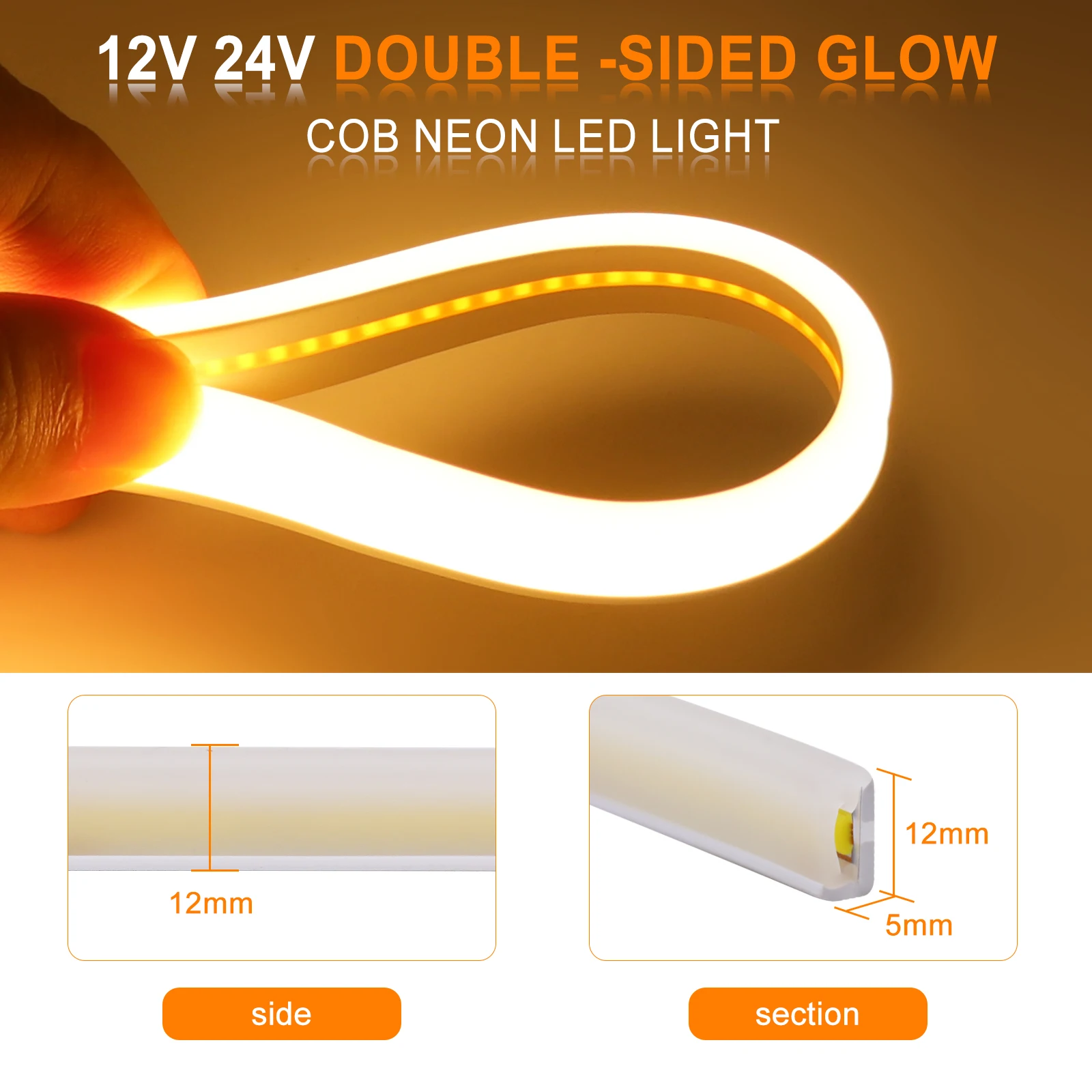 Tira de luces LED COB de 12V y 24V, cinta de neón Flexible, impermeable, doble cara, 320LED, iluminación lineal de alta densidad, 0,5-20M
