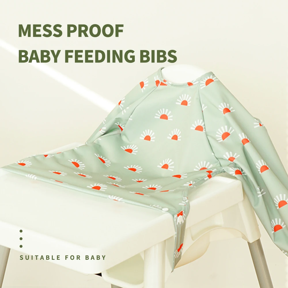 Elinfant nuevo 1 pieza uso de mesa poliéster impermeable moda impreso botones a presión diseño manga larga a prueba de desorden babero de alimentación de bebé