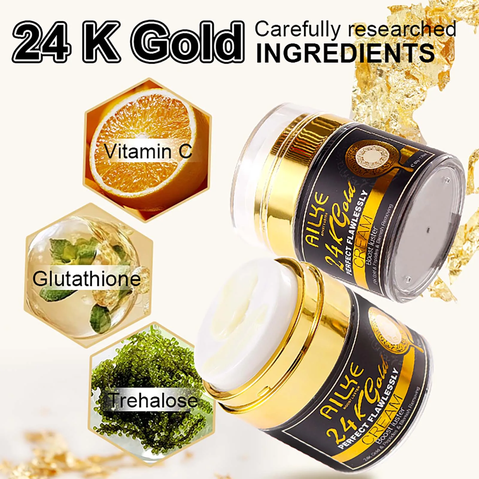 AILKE 24k Gold Crema facial perfecta y impecable, blanqueadora, reduce las manchas oscuras, la melanina, mejora la piel opaca, con vitamina de glutatión