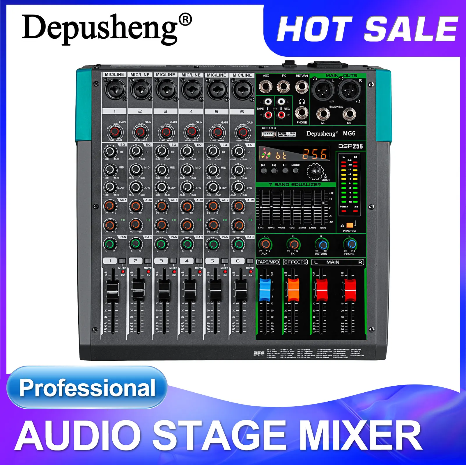 Mezclador de Audio Profesional Depusheng MG6, Consola de Sonido de 6 Canales, Sistema de Mezcla para DJ, Interfaz de Mesa de Mezclas con 256 Efectos de Reverberación Integrados