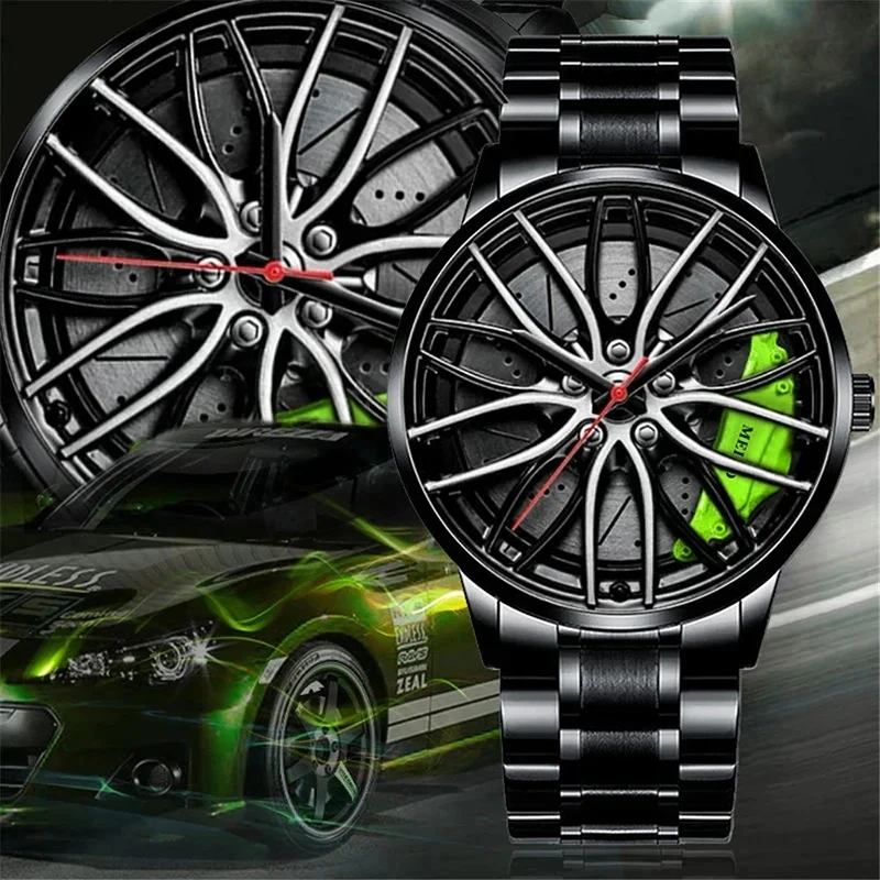 Relojes deportivos de moda para hombre, rueda de coche 3d, reloj de pulsera con banda de acero inoxidable, reloj de cuarzo para hombre, relojes para hombre