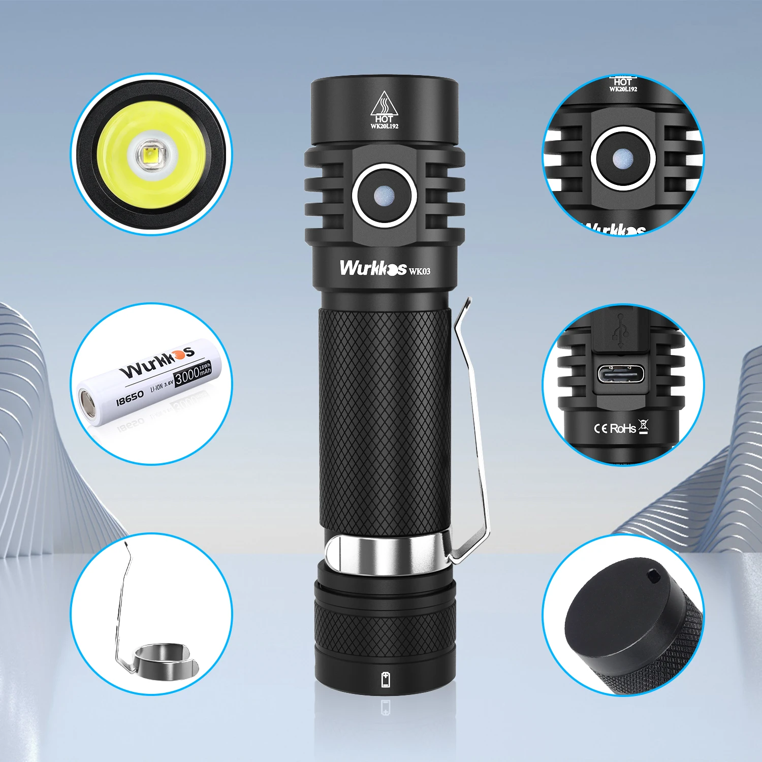 Wurkkos WK03 linterna LED 18650 antorcha 1800LM ATR Luminus SST40 recargable USB C luz IP68 impermeable para senderismo Camping