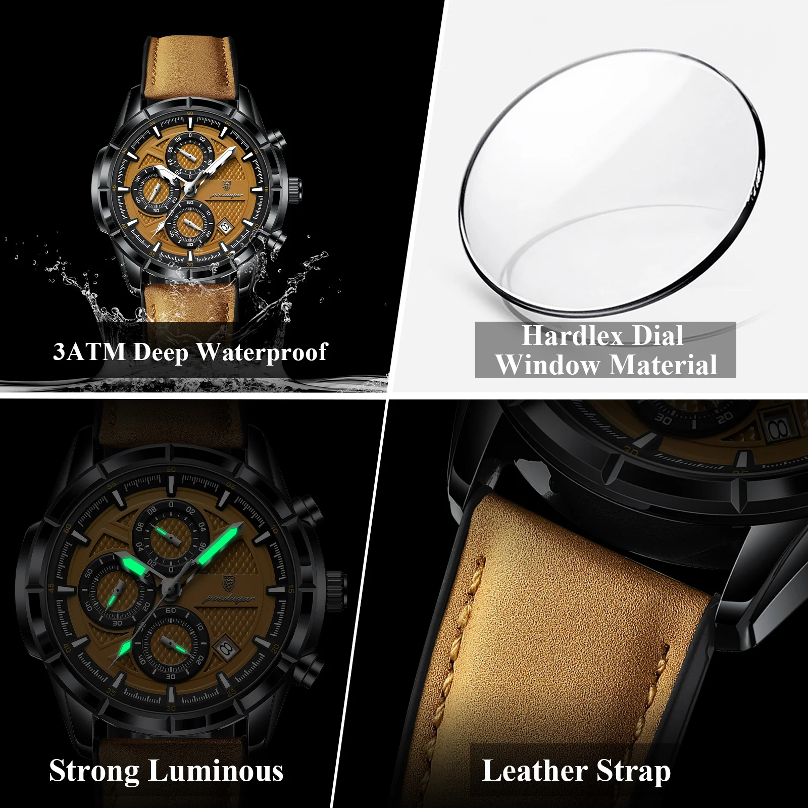 Reloj de Pulsera POEDAGAR Vintage para Hombre, Reloj de Cuarzo de Moda con Correa de Cuero, Fecha, Cronógrafo, Luminoso, Resistente al Agua, para Hombre de Negocios