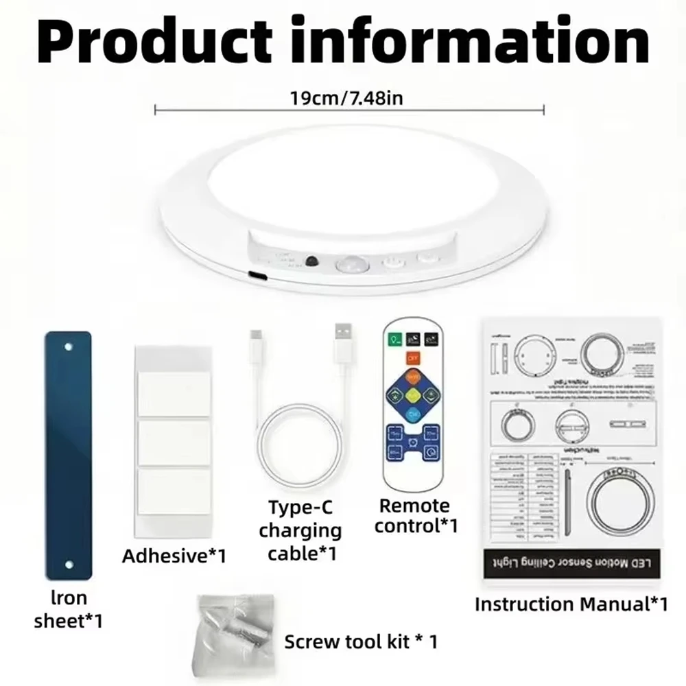 Luz de techo con Sensor de movimiento, lámpara magnética recargable por USB tipo C, lámpara de pared inalámbrica, luz LED nocturna con control remoto para cocina y guardarropa