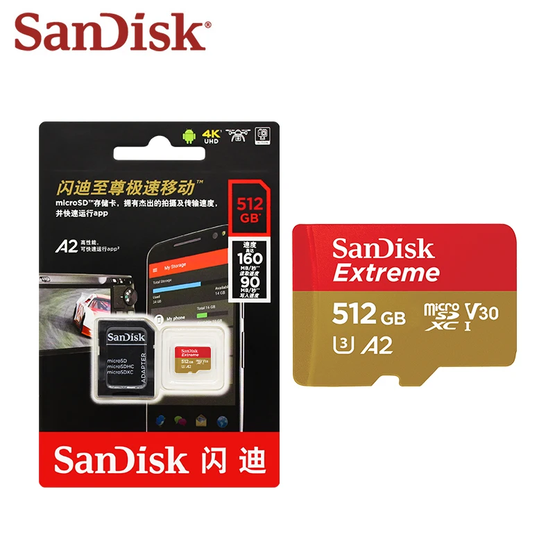 SanDisk-tarjeta de memoria microSDXC Extreme V30 A2, 128GB, 256GB, 512GB, Clase 10, micro sd, U3, 4K, 32GB, 64GB, Flash, TF para UAV