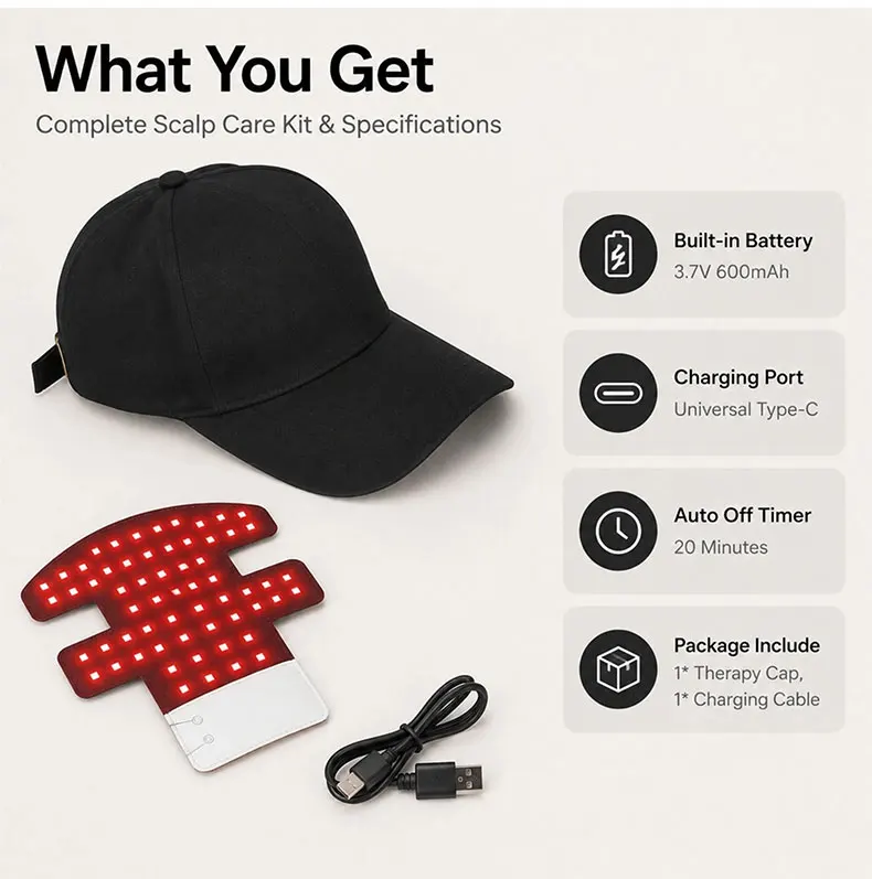 Gorro de luz roja para el cuidado del cuero cabelludo y el crecimiento del cabello, previene la caída del cabello, mejora la circulación sanguínea del cuero cabelludo, gorro de cuidado basado en luz LED para uso doméstico.