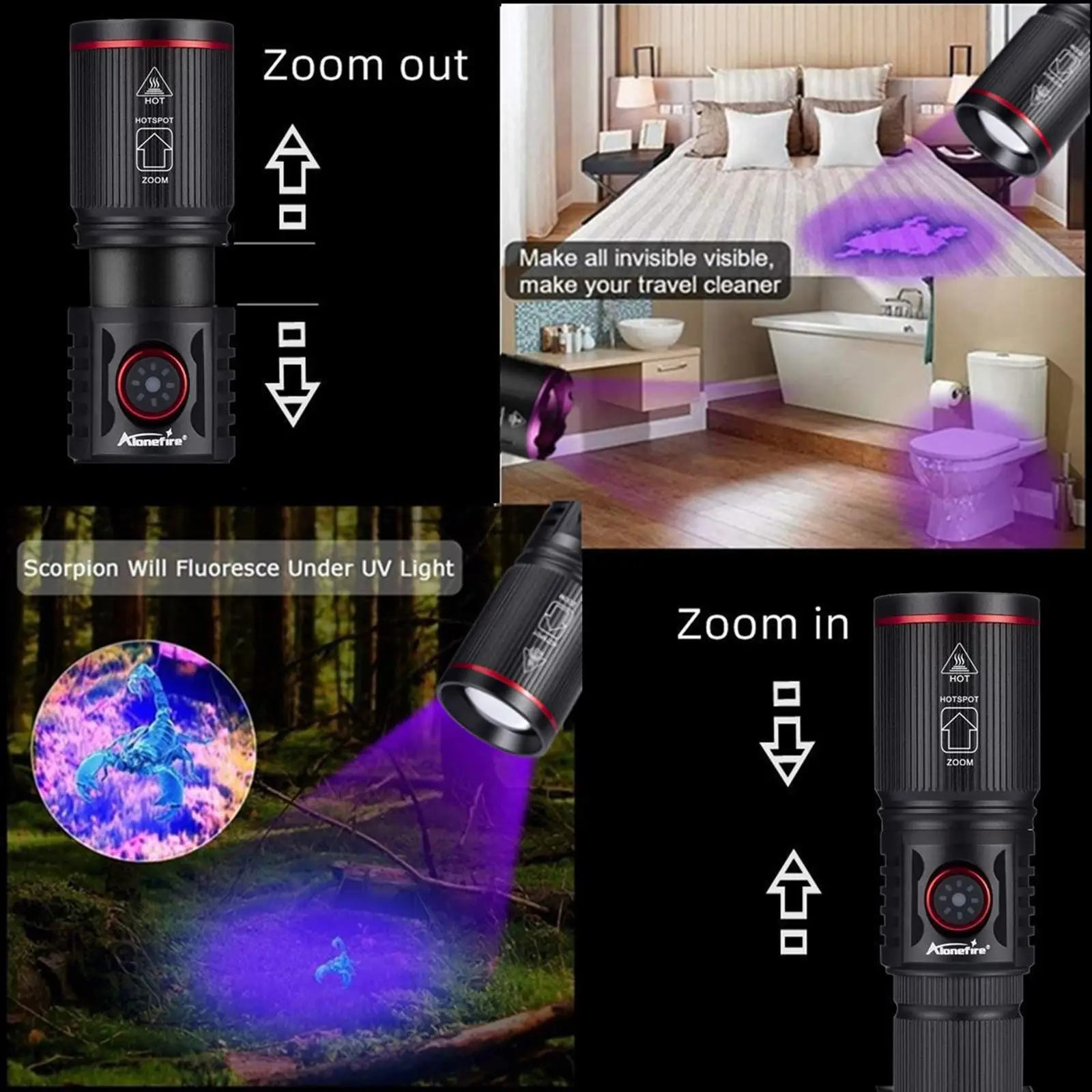 Zoom 20W LED linterna UV de alta potencia 365/395nm marcador de tinta Invisible gato perro orina tiña mineral dinero escorpión luz fluorescente