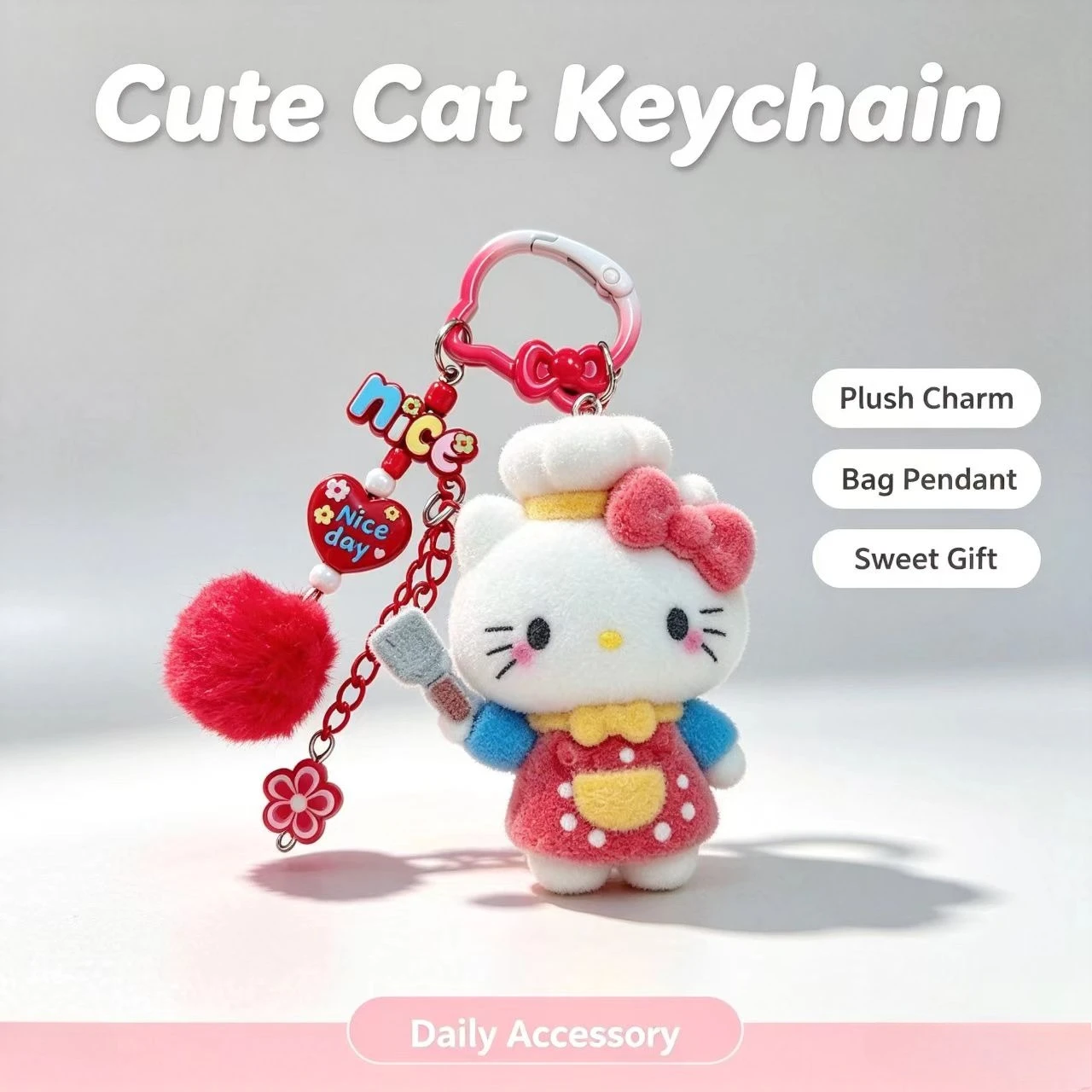 Lindo Llavero de Gato KT, Colgante de Muñeco Flocado para Bolso, Adorno de Flor con Pompón, Decoración de Moda para Llaves de Coche, Regalo