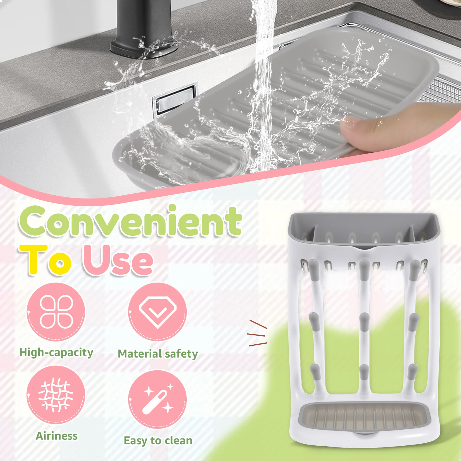 Estante para secar botellas de bebé, soporte para encimera que ahorra espacio, bandeja desmontable, soporte para biberones, organizador y secado
