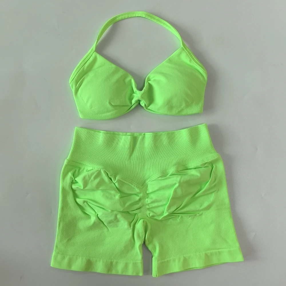 Conjunto de gimnasio sin logotipo para mujer, sujetador de Yoga con tiras, Top de cintura alta, pantalones cortos de entrenamiento, traje deportivo, conjunto de Yoga sin costuras, ropa de Fitness, 2 uds.
