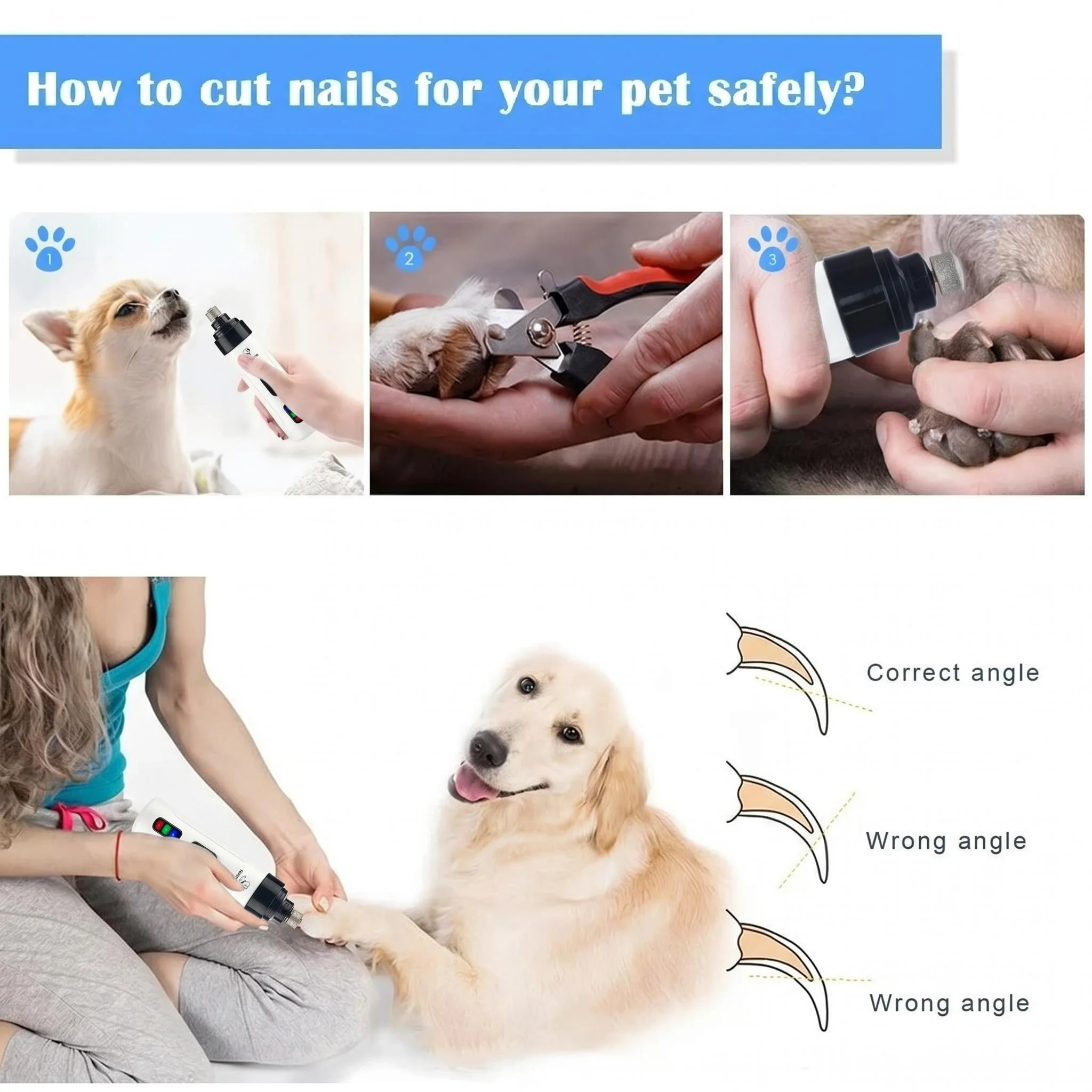 Molinillos de uñas para perros y gatos, cortaúñas eléctrico silencioso, recargable por USB, herramientas de aseo