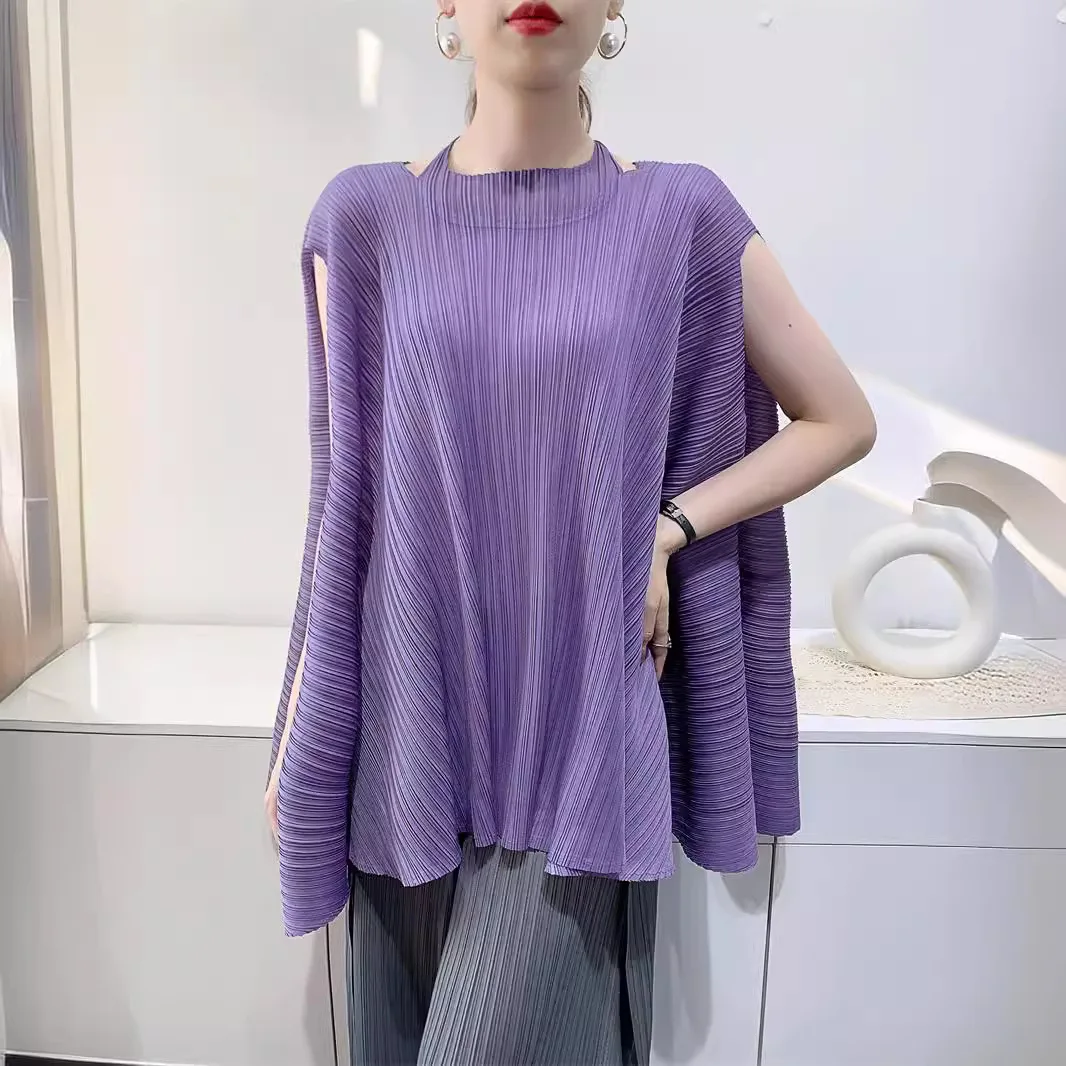 Miyake-Camiseta plisada de talla grande para mujer, Tops con diseño de nicho, camiseta holgada de manga corta plisada de gama alta para verano 2025