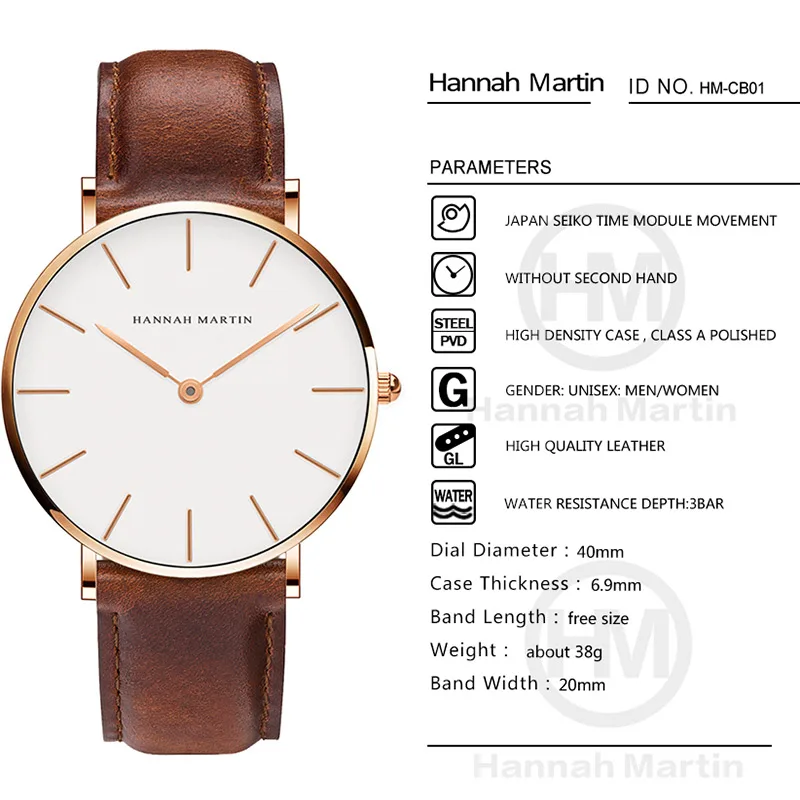 Reloj Hannah Martin de alta calidad para hombre, relojes de pulsera de cuarzo japonés a la moda, reloj resistente al agua con movimiento de cuarzo de cuero marrón plateado