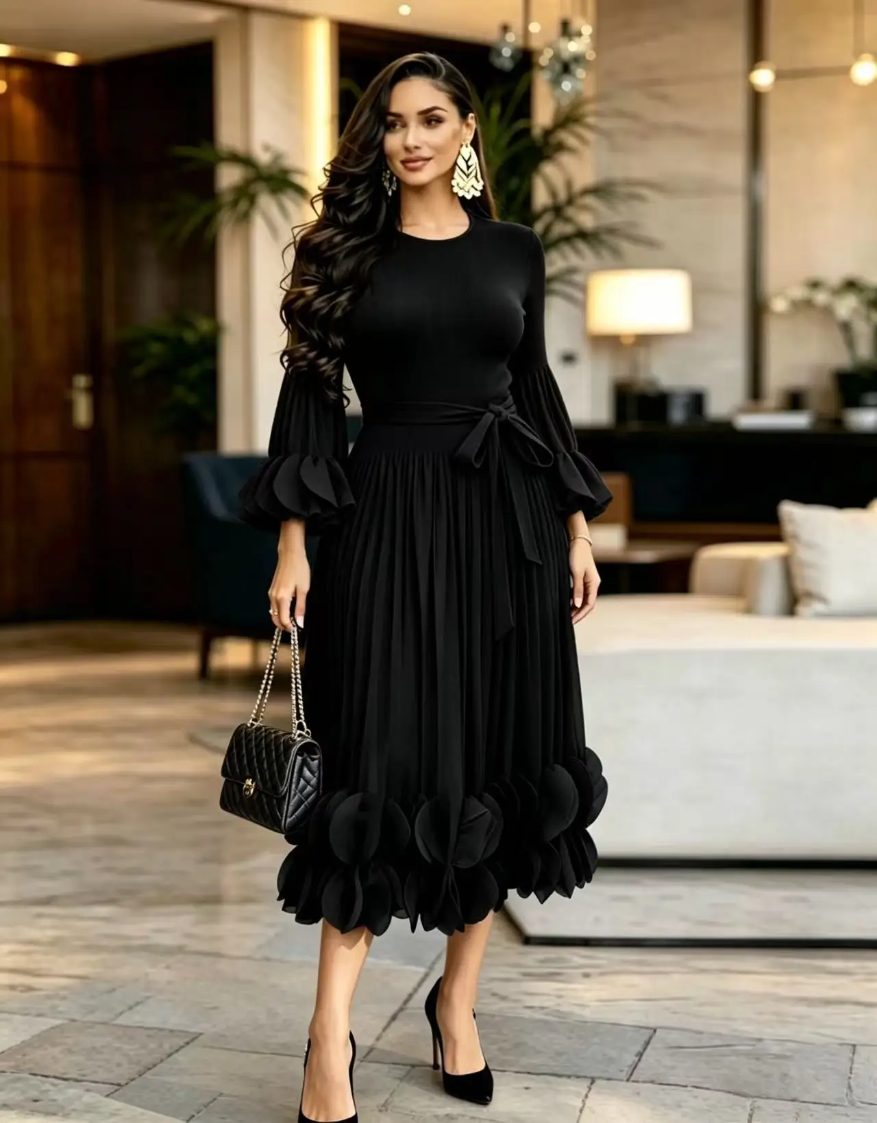 Vestido Largo de Verano para Mujer 2026 Miyake, de Lujo Ligero y Alta Gama, con Cuello Redondo, Diseño Plisado con Volantes y Borde Elegante