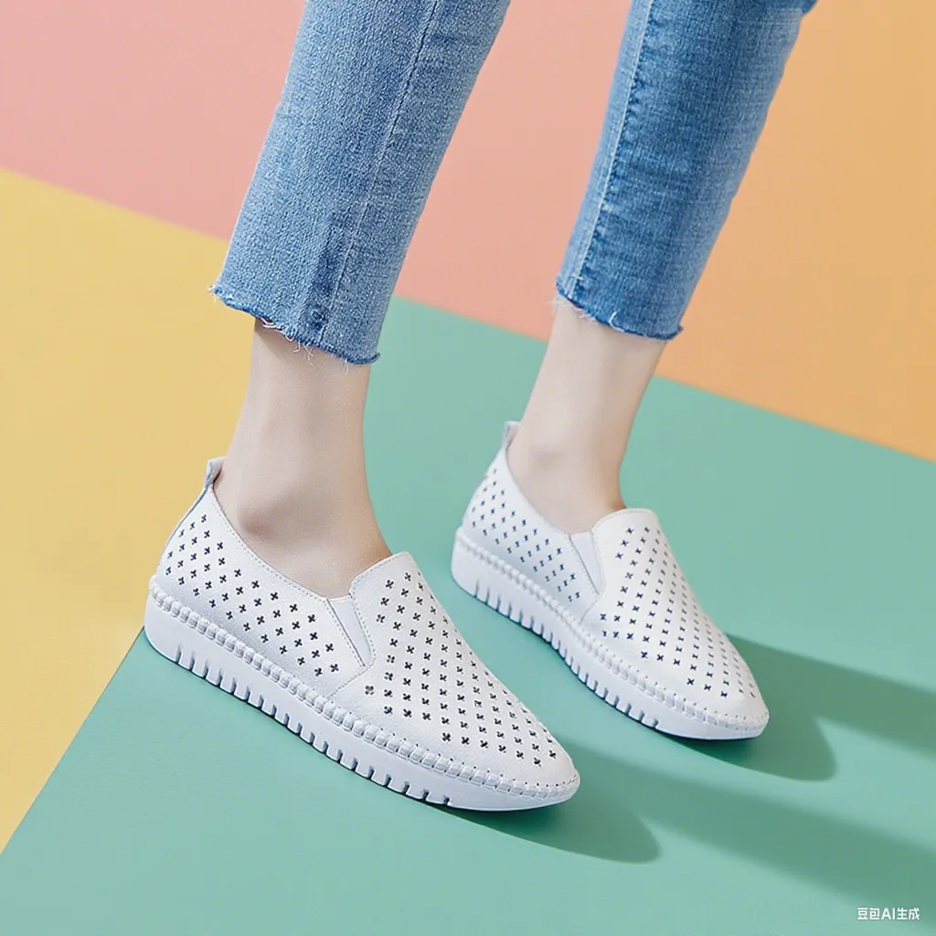 Zapatillas planas de cuero genuino para mujer, mocasines informales para mujer, mocasines huecos, zapatos náuticos de lona con cordones blancos