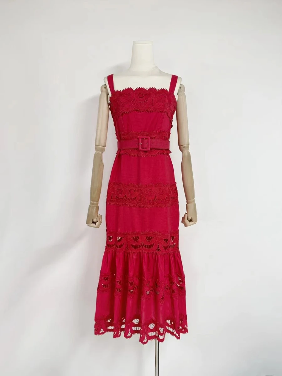 VGH sólido elegante empalmado vestido calado para mujer cuello cuadrado sin mangas Patchwork fajas cintura alta vestidos ceñidos Mujer