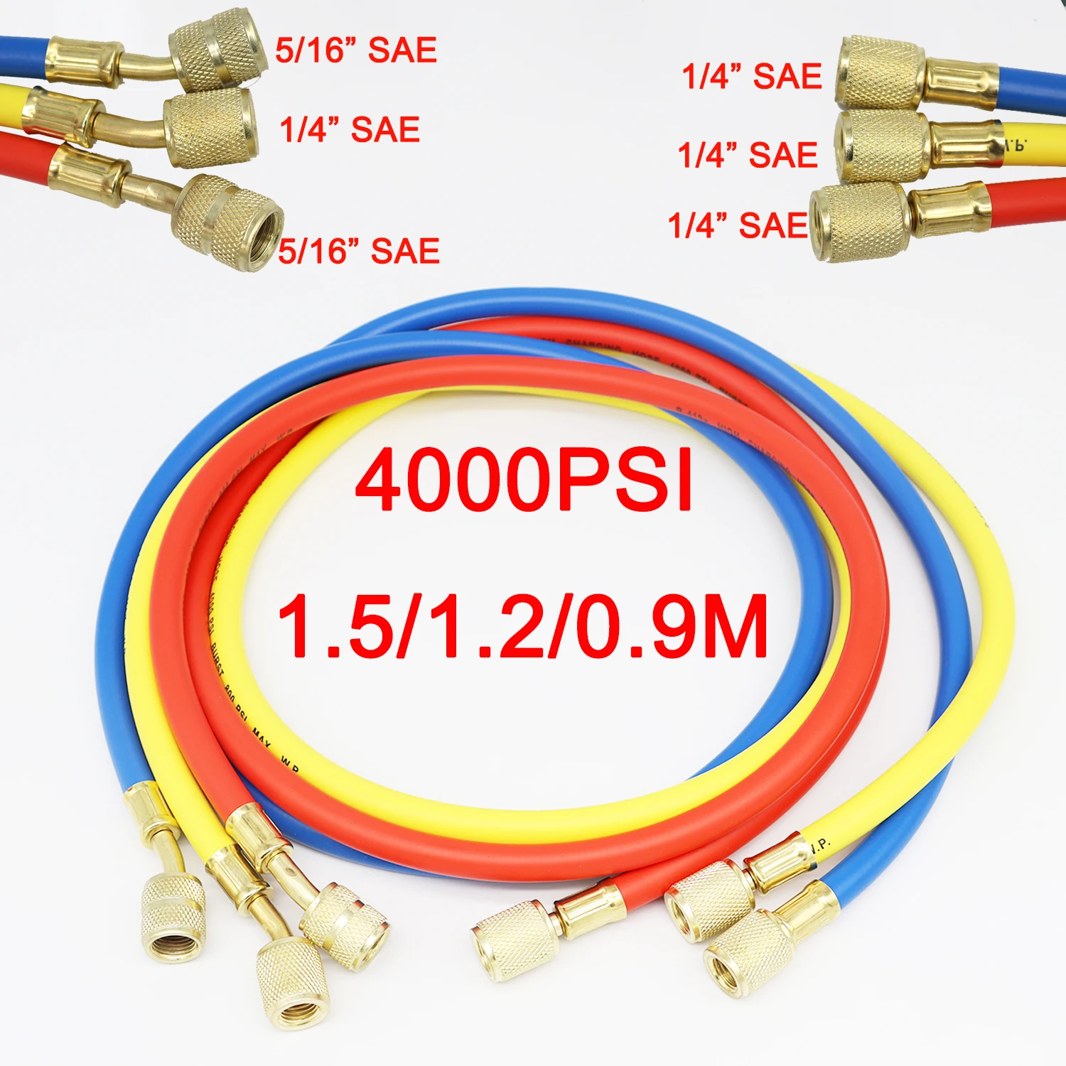 Juego de mangueras de carga de CA para refrigerante R410a, 3 colores, rosca SAE-5/16 de 1/4 ", presión de trabajo de 800-4000 PSI, compatible con R134a HVAC