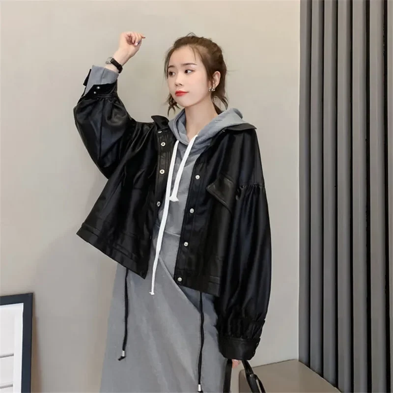 Nuevo Chaqueta de piel sintética para mujer, abrigo de PU de gran tamaño, ropa de calle informal holgada, cárdigan para mujer