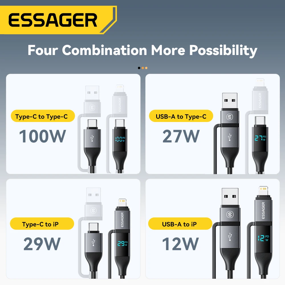 Essager 4 en 1 pantalla Digital Cable USB tipo C 100W PD Cable de carga rápida para iPhone Macbook iPad Xiaomi Cable de iluminación tipo C