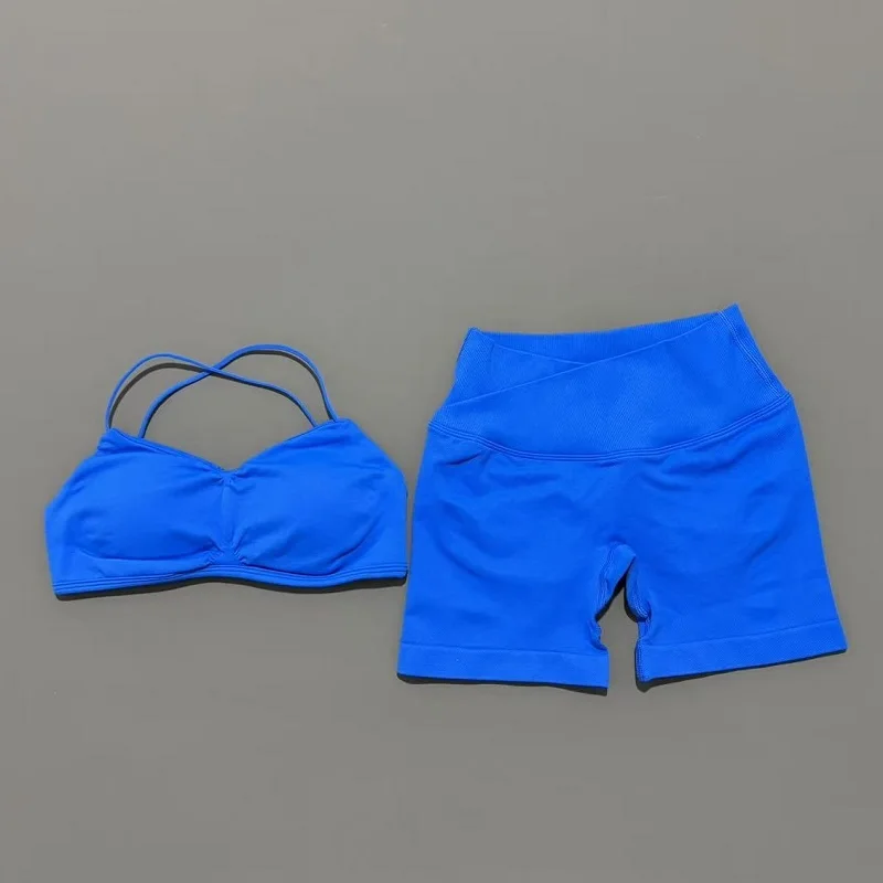 Conjunto de gimnasio de visión de 2 piezas para mujer, Top corto de Yoga, pantalones cortos sin costuras de cintura alta, sujetador de Fitness, traje deportivo, conjunto de entrenamiento