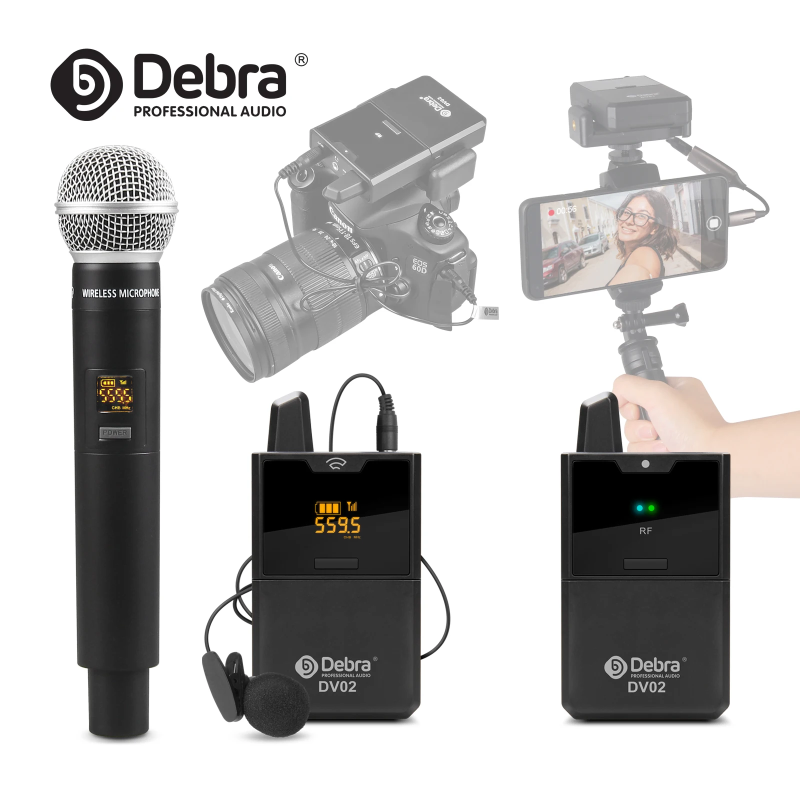 Debra DV UHF inalámbrico Lavalier/micrófono de mano con Monitor de Audio rango de 50M para teléfonos cámaras DSLR grabación en vivo entrevista