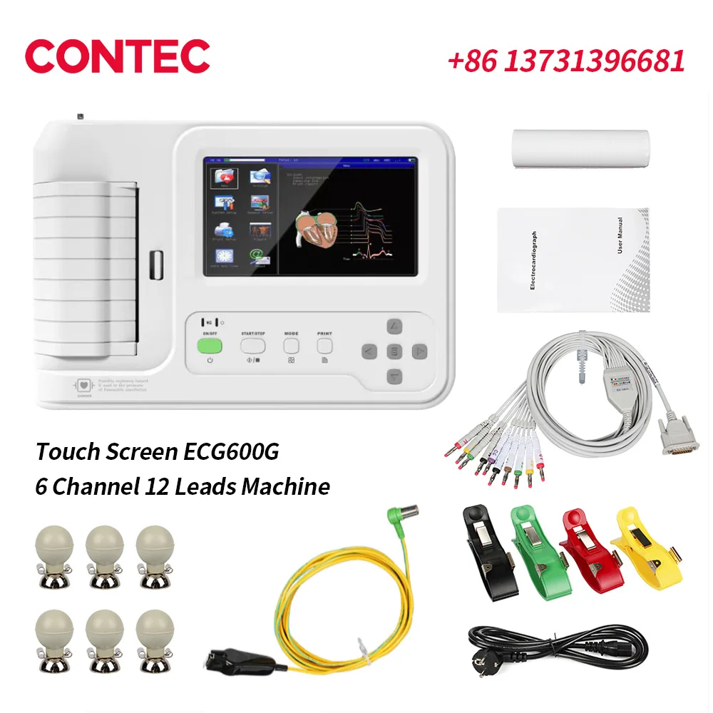 CONTEC-electrocardiógrafo Digital ECG600G, pantalla táctil, 6 CANALES, 12 cables, Monitor EKG con impresora térmica