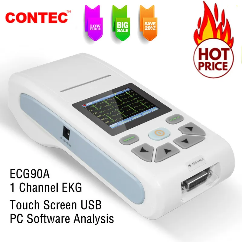 CONTEC-electrocardiógrafo de 12 canales, máquina ECG/EKG, software para PC, pantalla táctil ECG90A
