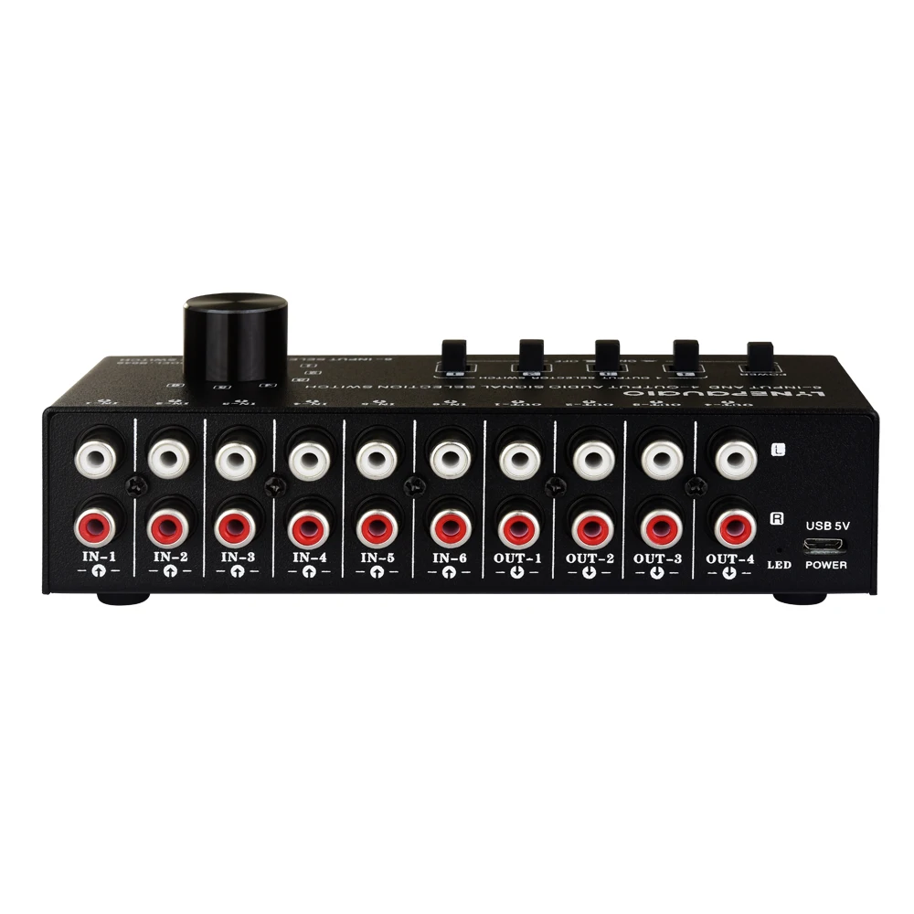 Conmutador de selección de señal de audio 6 en 4 salidas, control de conmutación de salida, interfaz RCA de salida al mismo tiempo