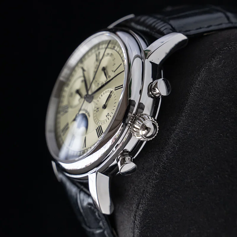 Reloj Sugess ST1908 para hombre, reloj de pulsera con cronógrafo mecánico con movimiento de cuello de cisne, calendario de fase lunar auténtica, cuero Vintage, nuevo 2023